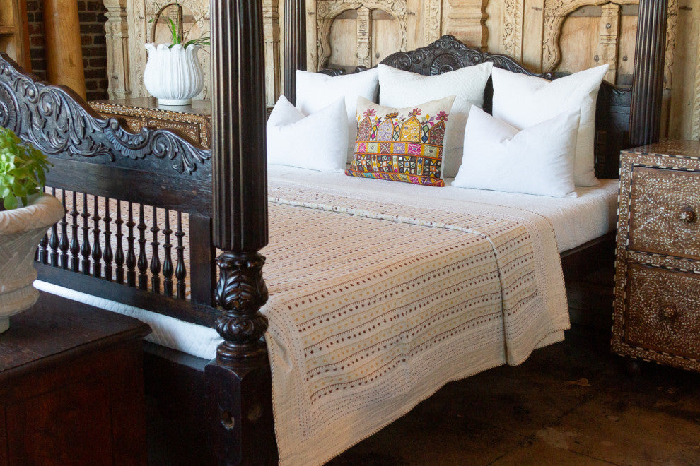 Summer White Quilted Cotton Kantha Bedcover