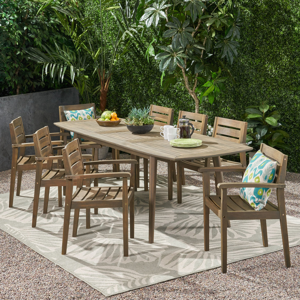 Mildred Outdoor Acacia Wood Expandable 8 Seater Dining Set, Gray