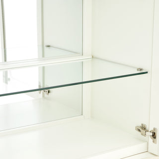 Close-up interior shelf area with glass shelf on white background