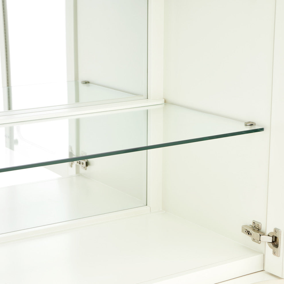 Close-up interior shelf area with glass shelf on white background