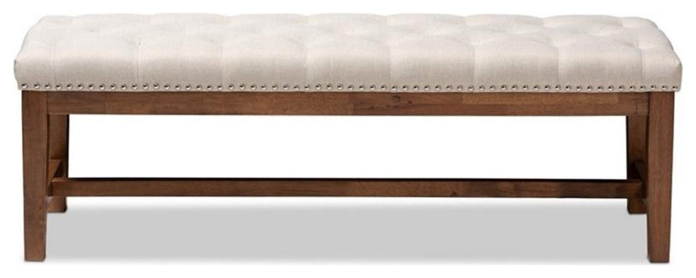 Ainsley Light Beige Upholstered Walnut Solid Rubberwood Bench
