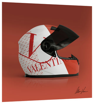 "Valentino Speeding Helmet" Frameless Floating Tempered Glass Panel Wall Art