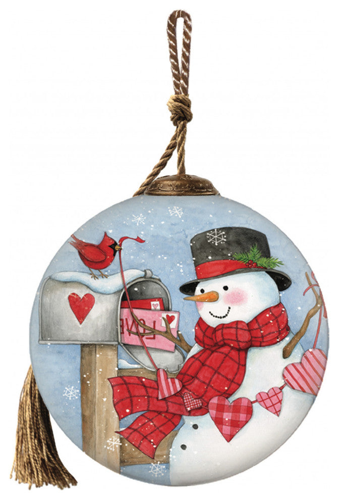Valentine Snowman Hand Painted Mouth Blown Glass Ornament