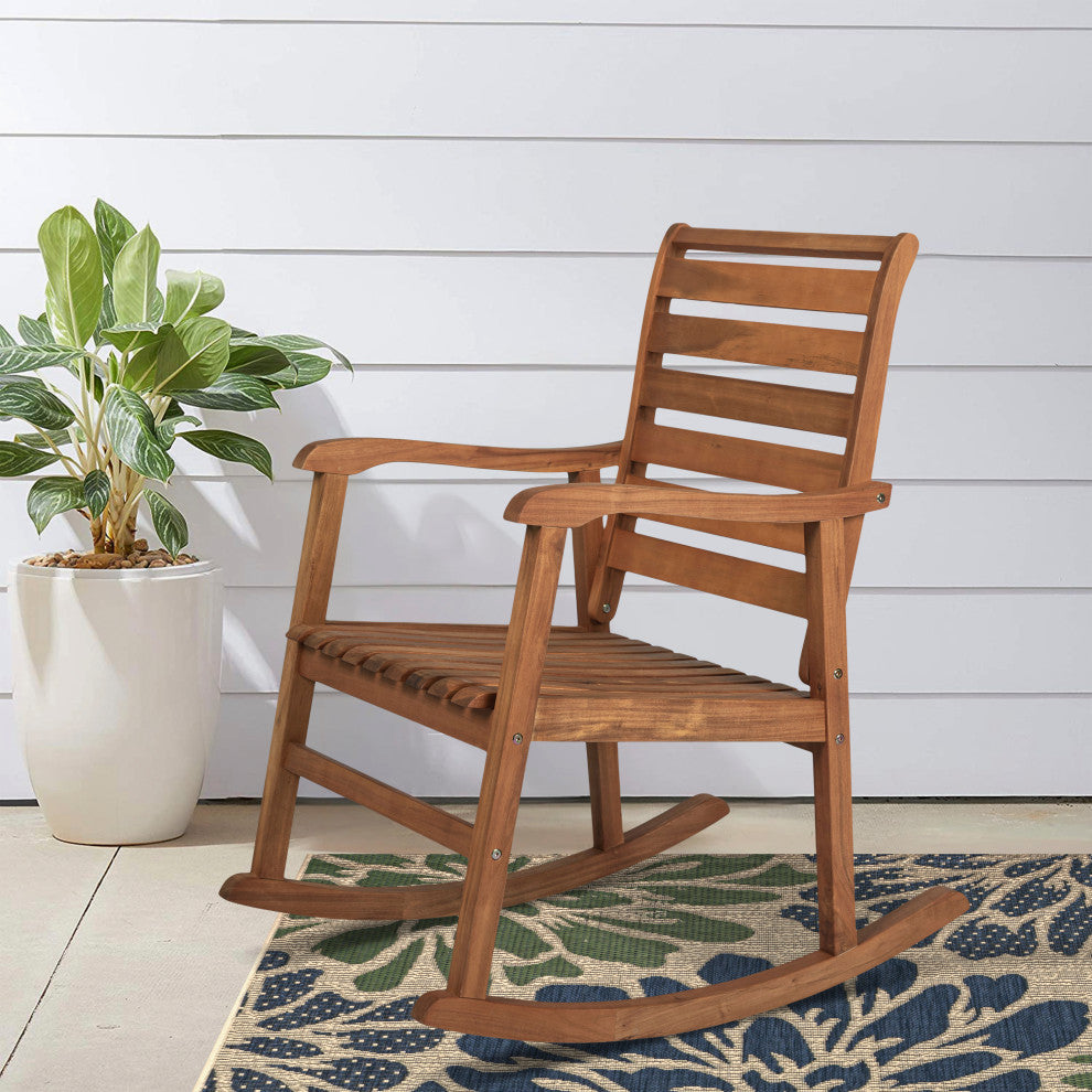 Carey Modern Slat-Back Acacia Wood Patio Outdoor Rocking Chair, Teak