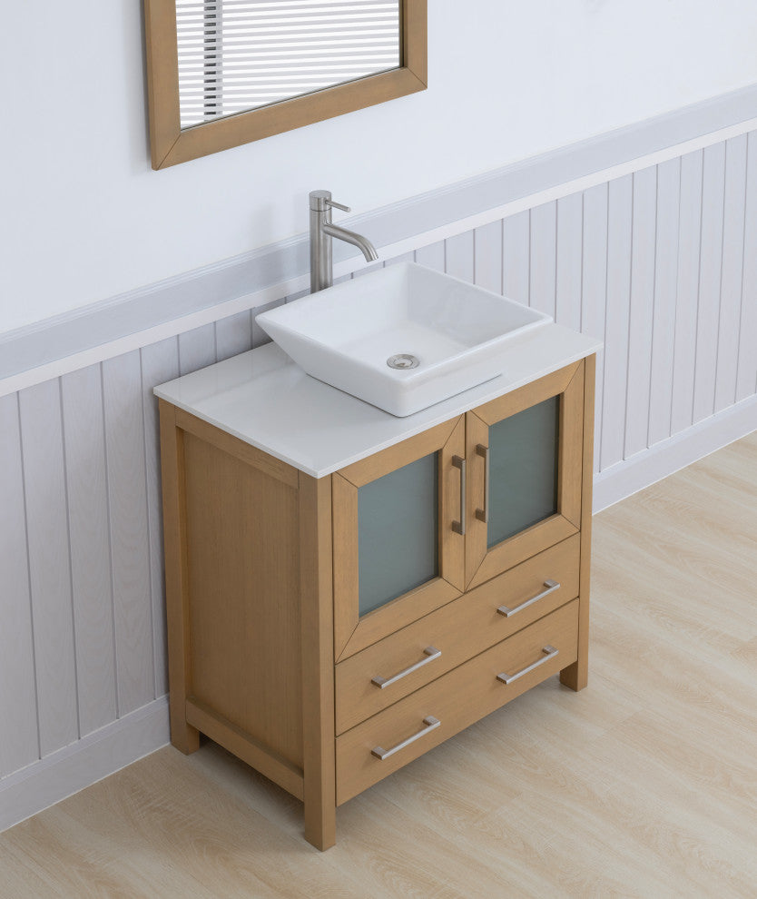 Vanity Art Vanity Set With Vessel Sink, Natural Oak, 30", Standard Mirror