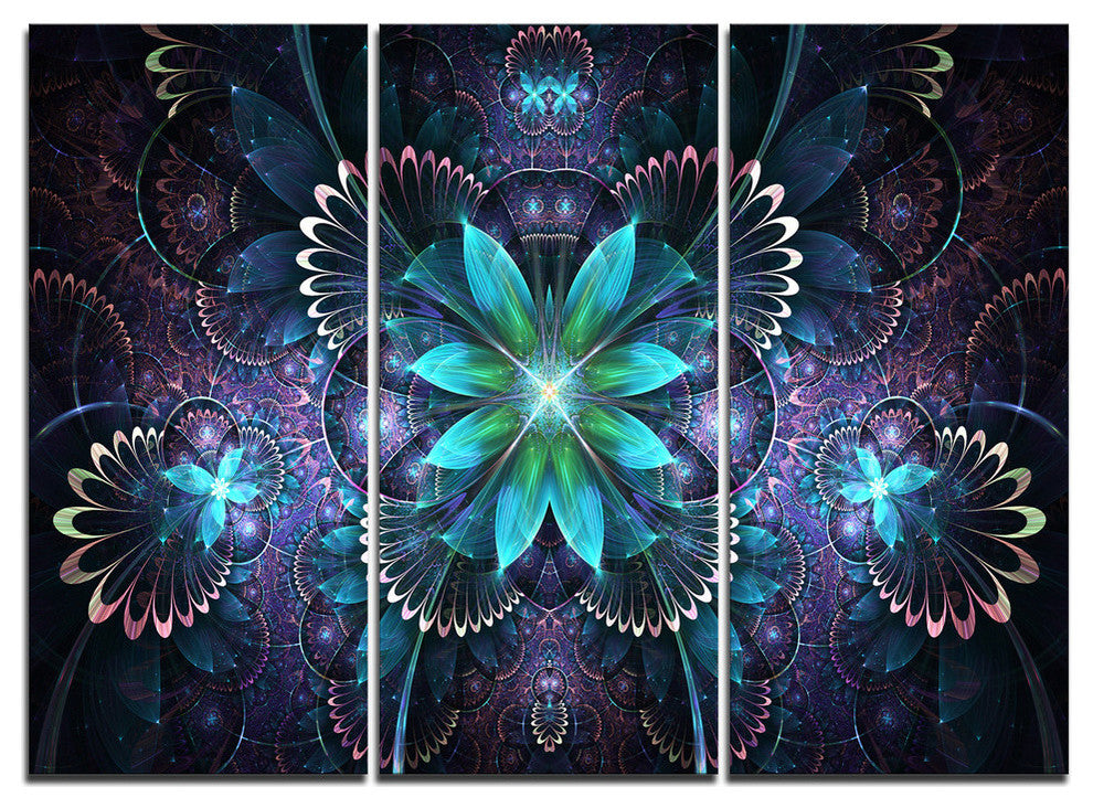 "Fractal Flower Blue Digital Art" Metal Wall Art, 3 Panels, 36"x28"