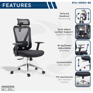 Techni Mobili Truly Ergonomic Mesh Office Chair with Headrest, Black