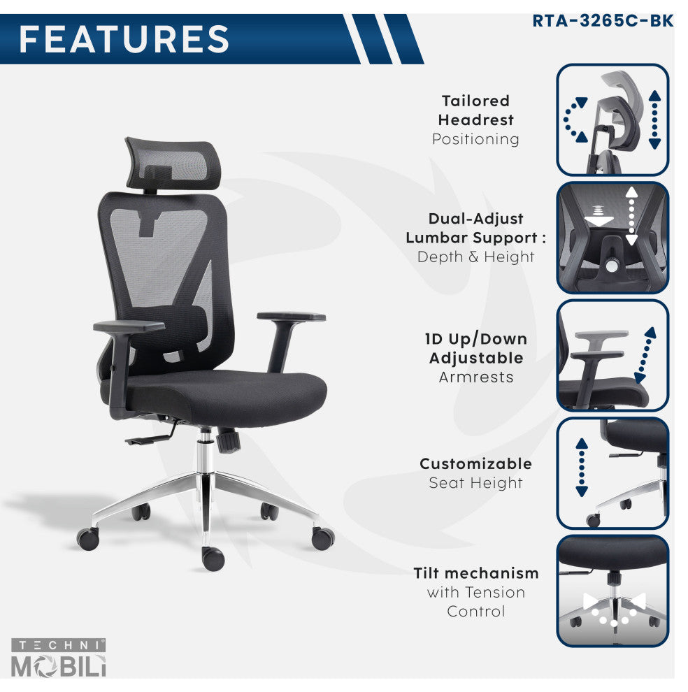 Techni Mobili Truly Ergonomic Mesh Office Chair with Headrest, Black