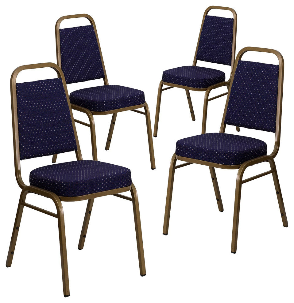 4 Pack Dining Chair, Padded Seat & Trapezoid Back, Navy Pattern Fabric/Gold