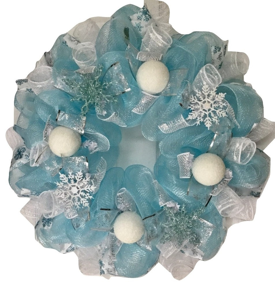 Frozen Winter Handmade Deco Mesh Wreath With Snowballs