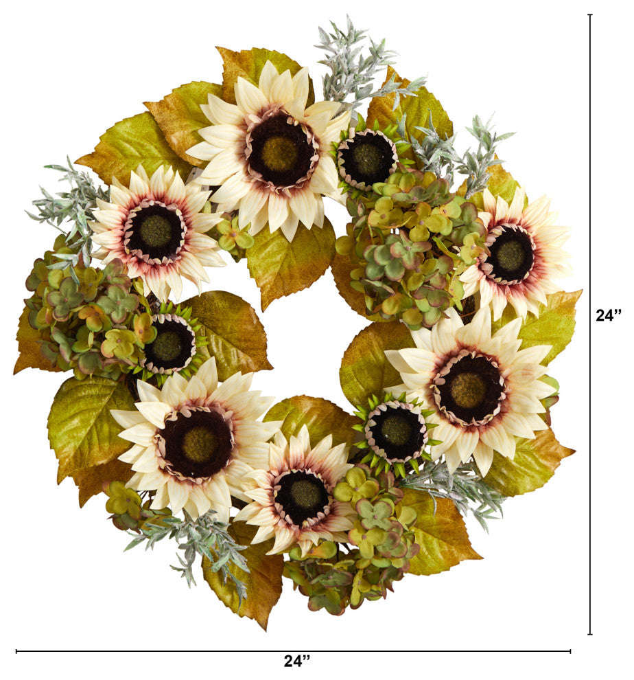 Nearly Natural W1243 24 White Sunflower and Hydrangea Artificial Autumn Wreath