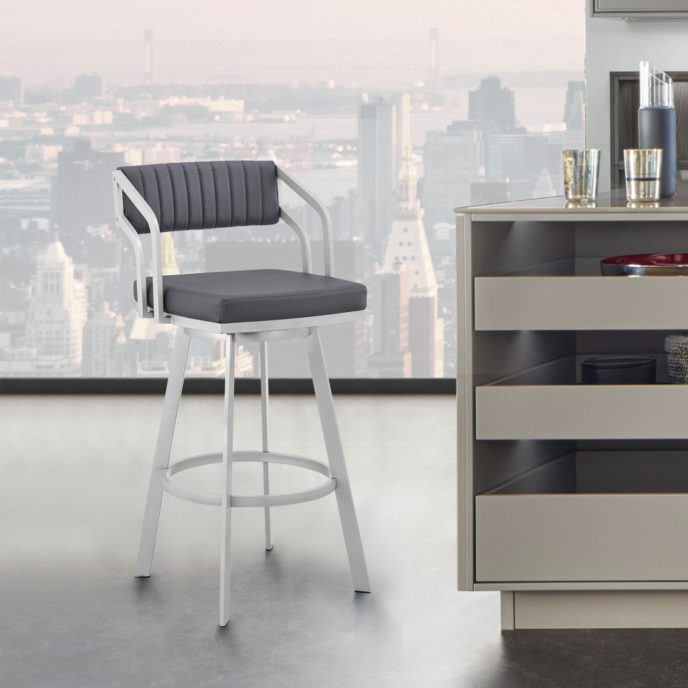 Scranton 30" Swivel Slate Grey Faux Leather and Silver Metal Bar Stool