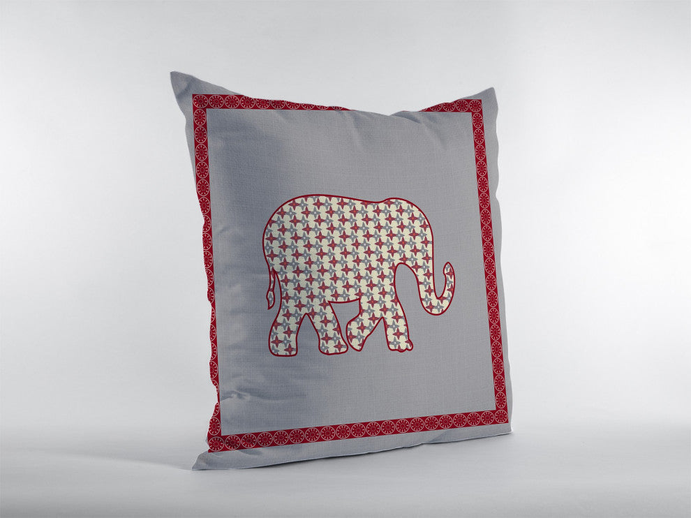 18 Red Gray Elephant Indoor Outdoor Zippered Throw Pillow