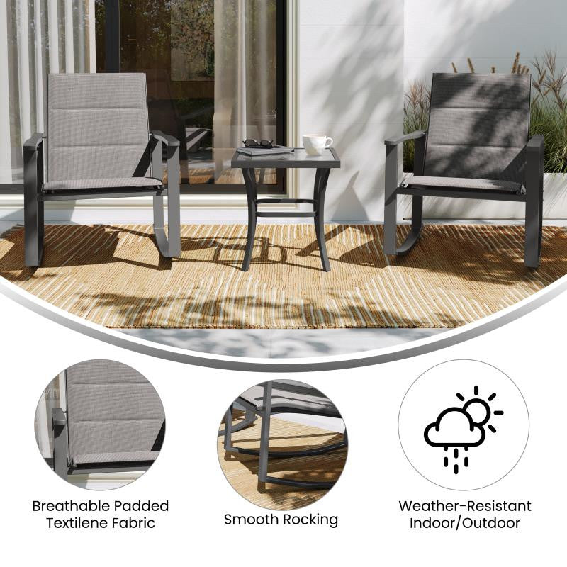 Brazos 3 Piece Outdoor Rocking Chair & Glass Top Table Set, Gray/Black
