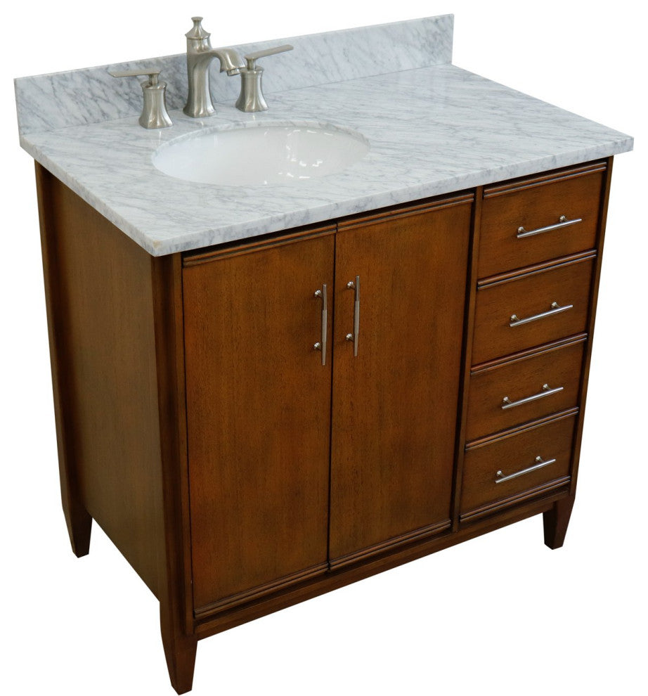 37" Single Vanity, Walnut Finish With White Carrara