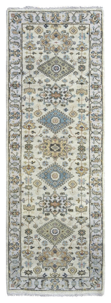 Acoustic White Hand Knotted Karjihooz Soft Wool Runner Rug, 2'7"x7'9"