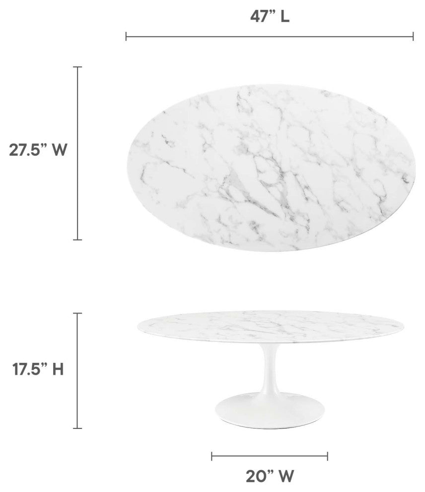 Modern White Tulip 48" Oval-Shaped Artificial Marble Coffee Table
