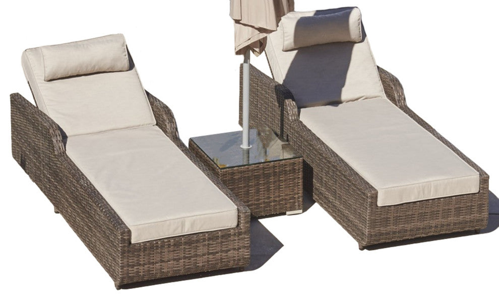 78" Set of Two Brown Indoor Outdoor Chaise Lounge with Beige Cushion