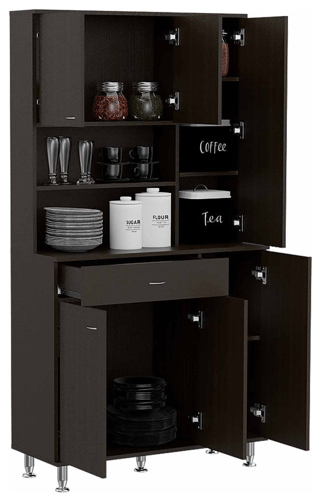 Modern Black Pantry Cabinet with Multiple Storage Shelves
