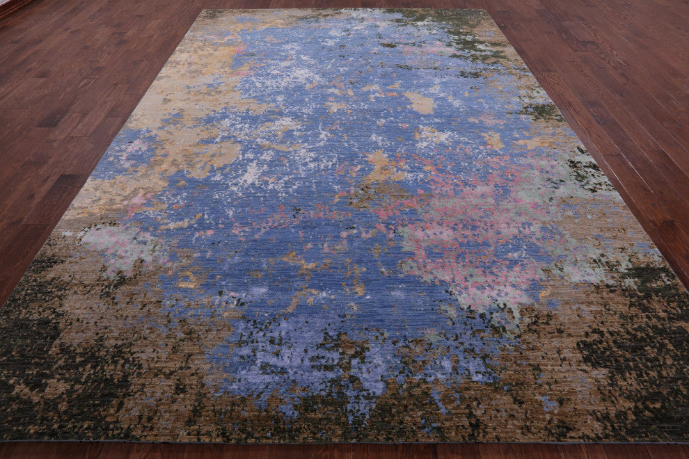 8' 11" X 12' 1" Wool and Silk Abstract Hand-Knotted Rug Q7194