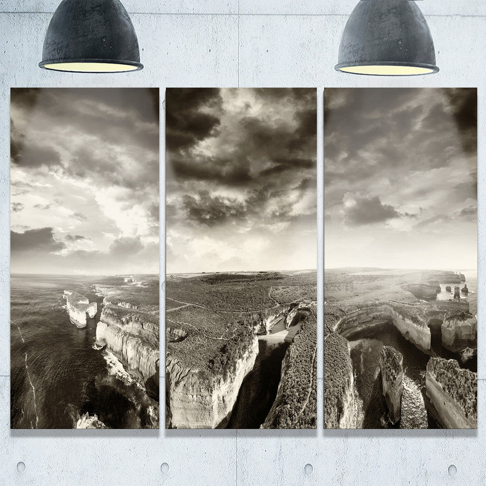 "Aerial View of Ocean Road Black" Metal Wall Art, 3 Panels, 36"x28"