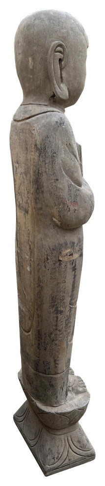 Pair Chinese Stone Carved Standing Zen Garden Monk Lohon Statues Hcs7645