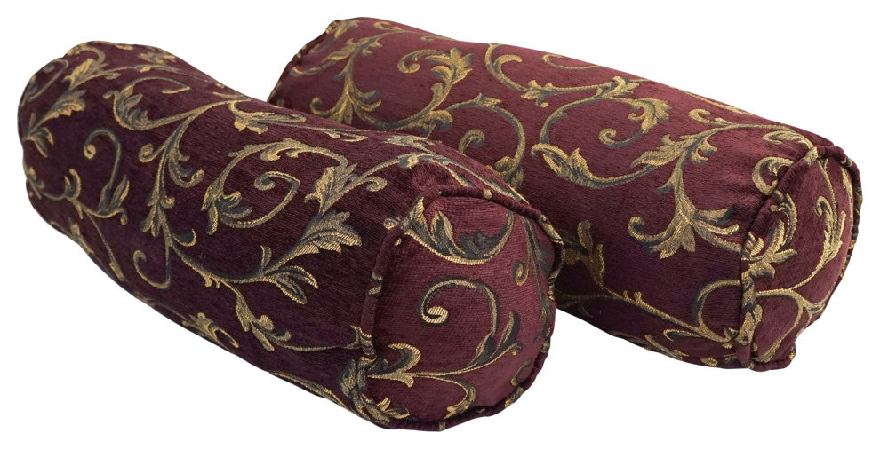 20"X8" Double-Corded Jacquard Chenille Bolster Pillows, Set of 2, Burgundy Vines