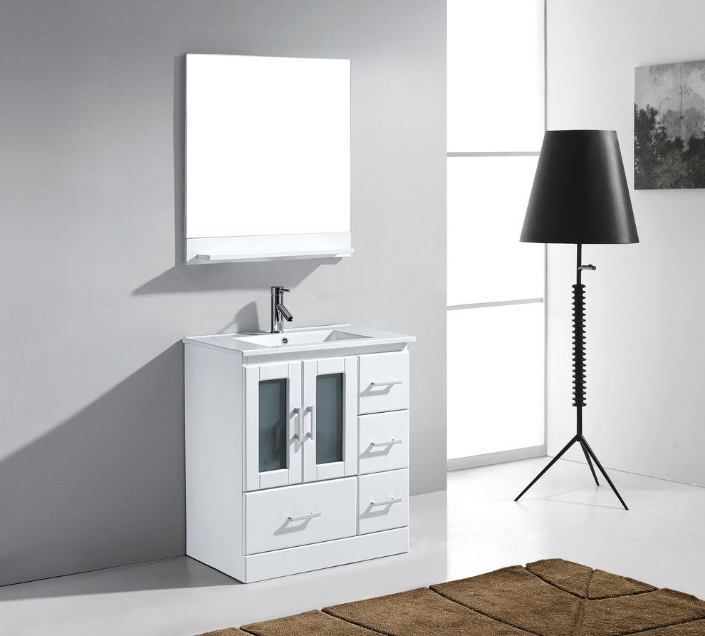 Virtu Zola Single Bathroom Vanity, White, Polished Chrome Faucet, Mirror, 31.89"