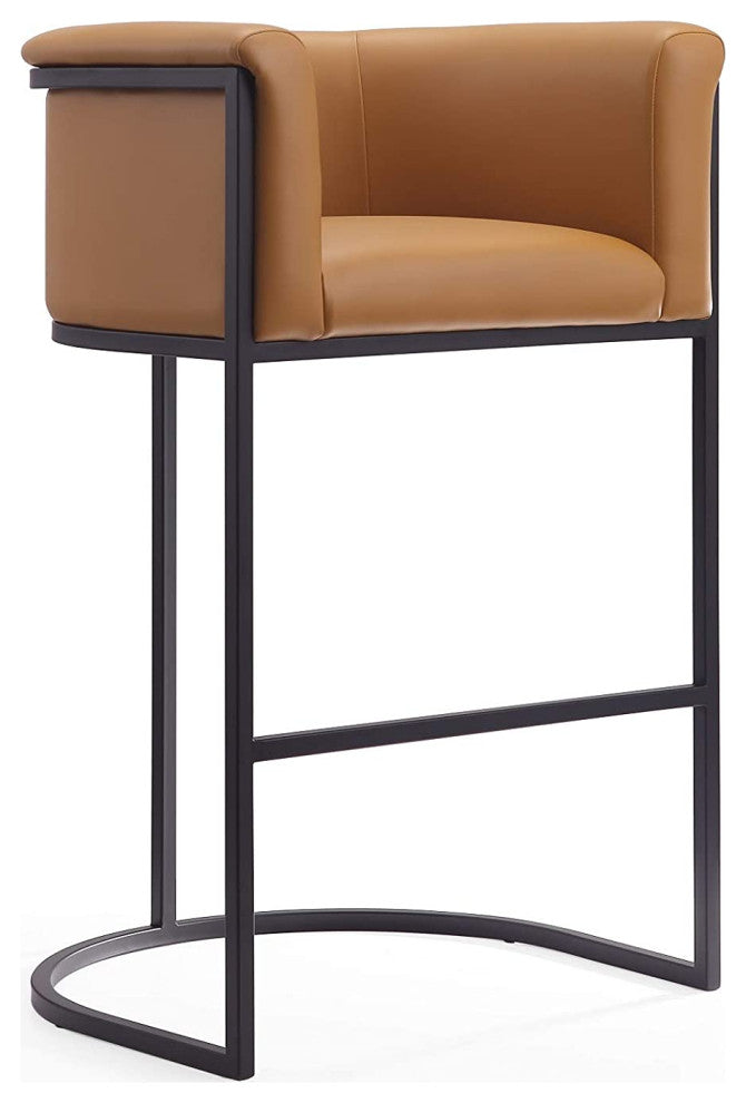 Modern Bar Stool, Square Design With Metal Frame & Camel Faux Leather Seat