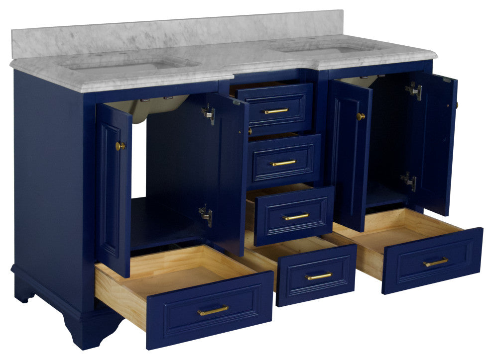 Nantucket 60" Bath Vanity, Royal Blue, Carrara Marble, Double Vanity