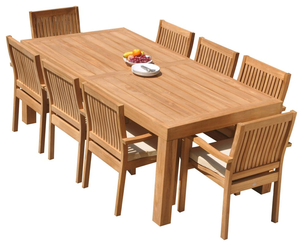 9-Piece Outdoor Teak Dining Set: 86" Rectangle Table, 8 Leveb Stacking Arm Chair