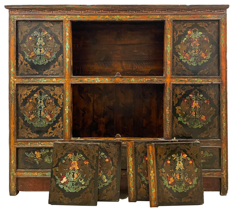 Consigned 19th Century Antique Tibetan Hand Painted Credenza Storage Cabinet