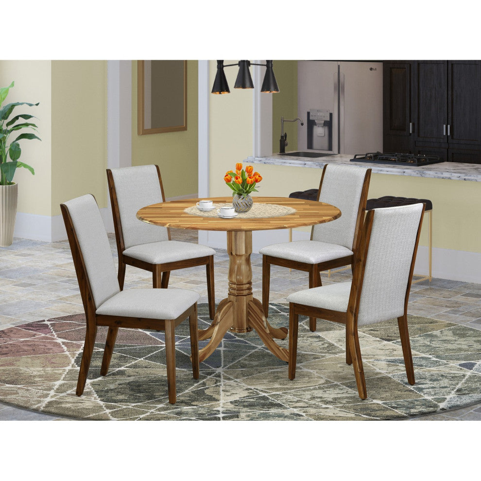 5Pc Dining Set, Round Table, 4 Chairs, Grey Chairs Seat, Natural