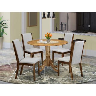 5Pc Dining Set, Round Table, 4 Chairs, Grey Chairs Seat, Natural