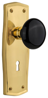 Single Prairie Plate With Black Porcelain Knob, Polished Brass