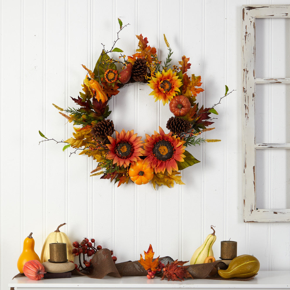 24" Fall Sunflower, Pumpkin, Gourds, Pinecone and Berries Autumn Faux Wreath
