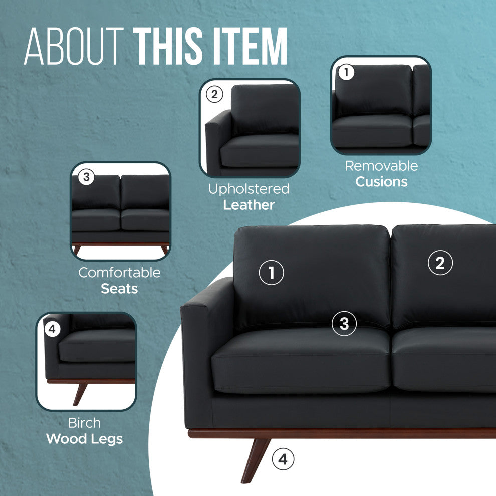 LeisureMod Chester Modern Leather Loveseat With Birch Wood Base, Black
