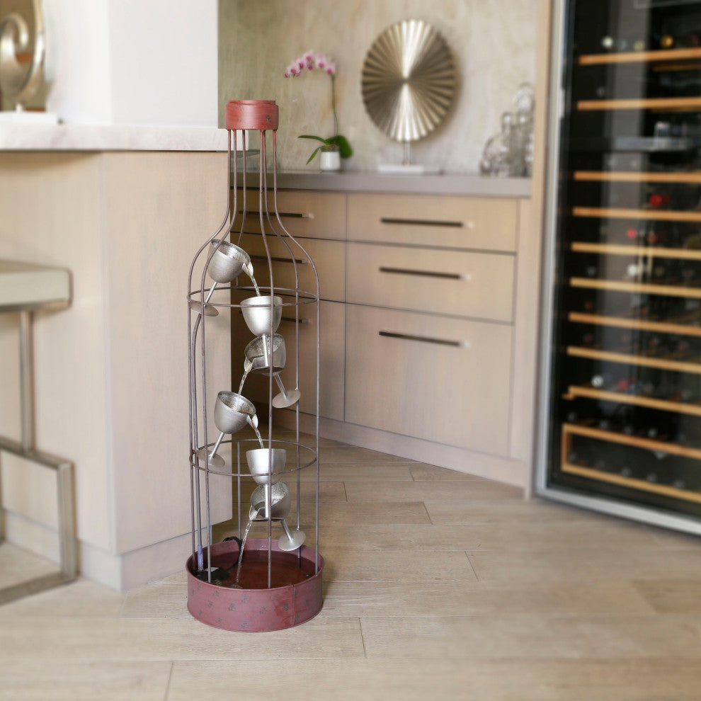 44" Tall Indoor/Outdoor Bottle Shaped Water Fountain With Tiering Wine Glasses