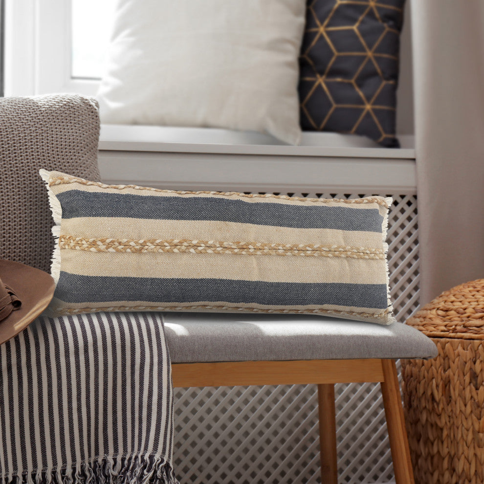 Ox Bay Blue/Tan Stripe Cotton Blend Pillow Cover, 14"x36"