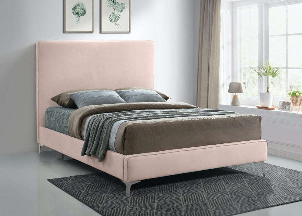 Geri Velvet Upholstered Bed, Pink, Full