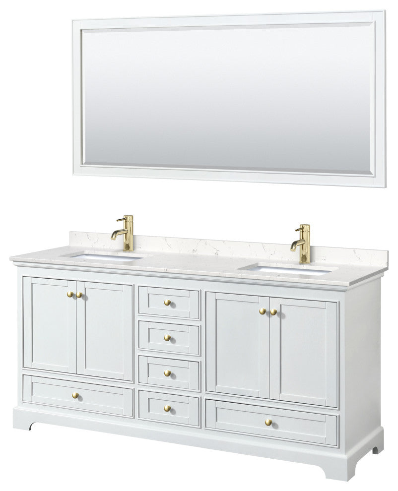 72"DBL Vanity White, Carrara Cult. Marble Top, Sinks, Gold Trim, 70"Mirror