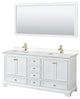 72"DBL Vanity White, Carrara Cult. Marble Top, Sinks, Gold Trim, 70"Mirror