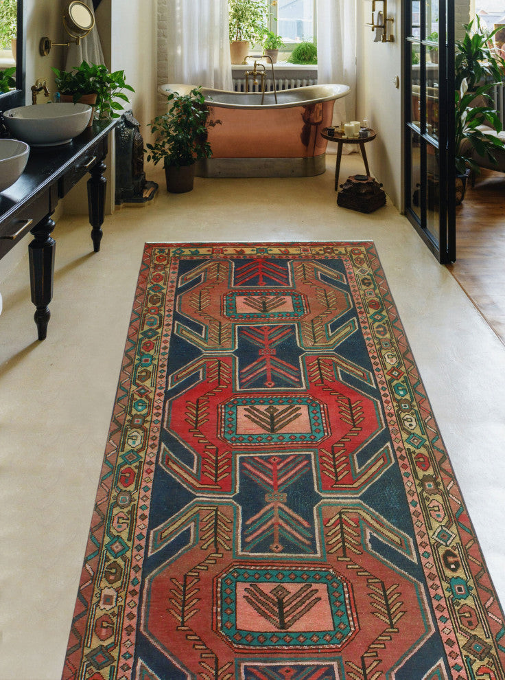 Fine Vintage Distressed Malay Rust/Navy Runner, 4'5x10'2