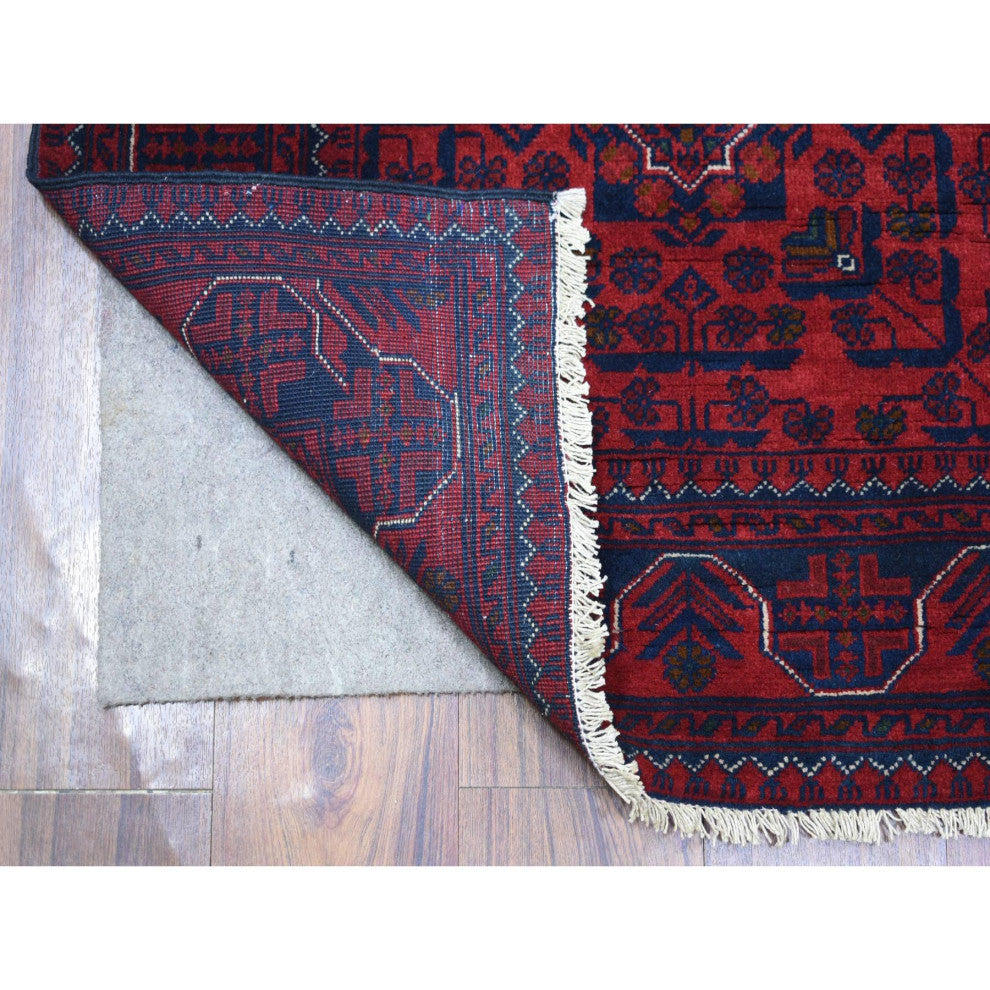 Red Tribal Design Hand Knotted Afghan Khamyab Soft Wool Runner Rug, 2'10"x9'4"