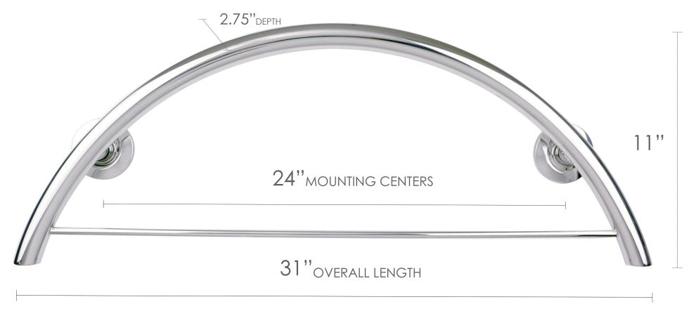 30" Half-Moon Curved Shower Grab Bar With Towel Bar, Polished Stainless