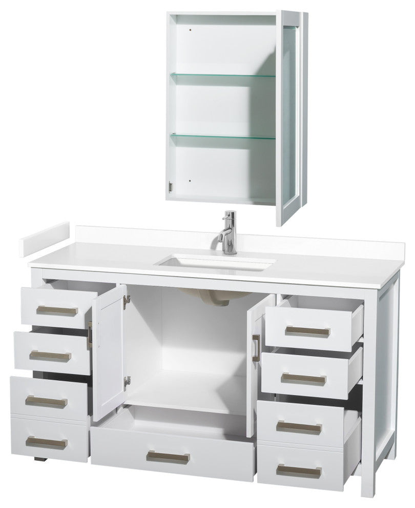 60"SGL Bathroom Vanity White, White Cult. Marble Countertop, Sink, Med. Cabinet