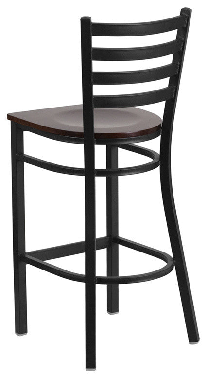 Black Ladder Back Metal Restaurant Barstool, Walnut Wood Seat