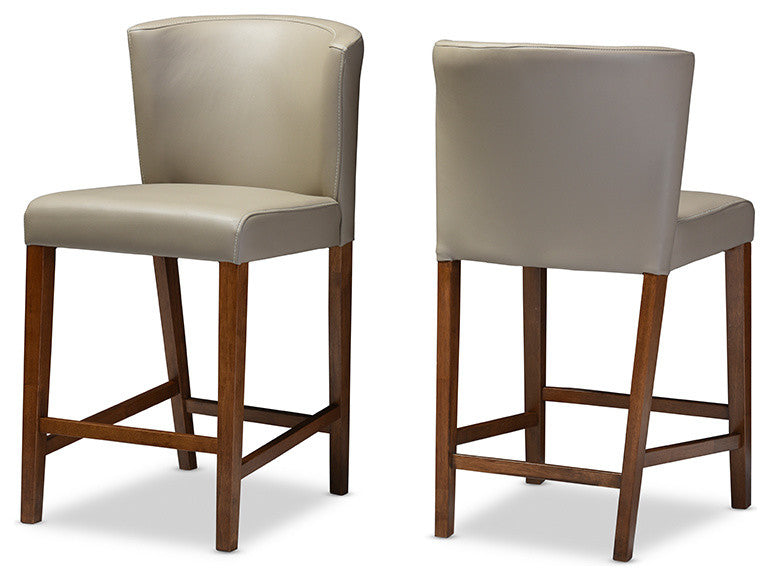 Olivia Dark Walnut Wood Gray Faux Leather Pub Stool, Set of 2