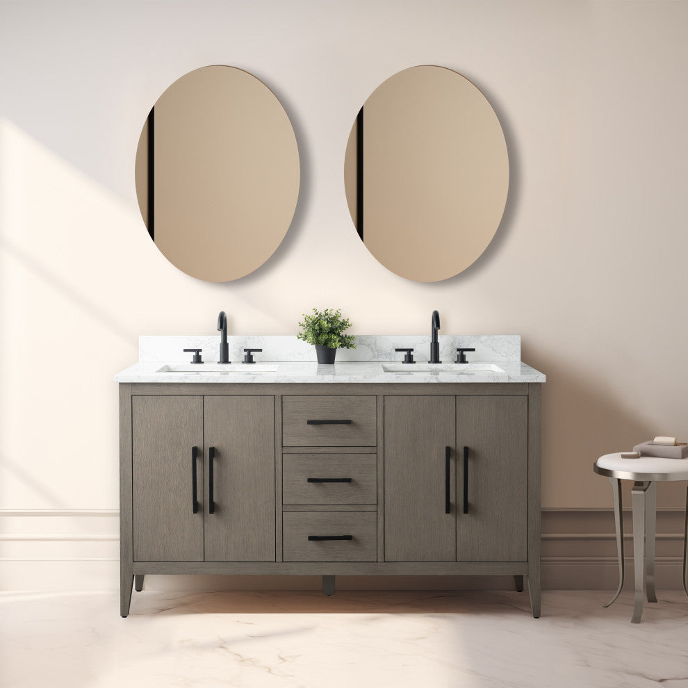 Vanity Art Bathroom Vanity With Sink, Driftwood Gray, 60", Double Sink, Matte Black