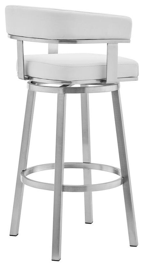 Cohen 26 White Faux Leather and Brushed Stainless Steel Swivel Bar Stool
